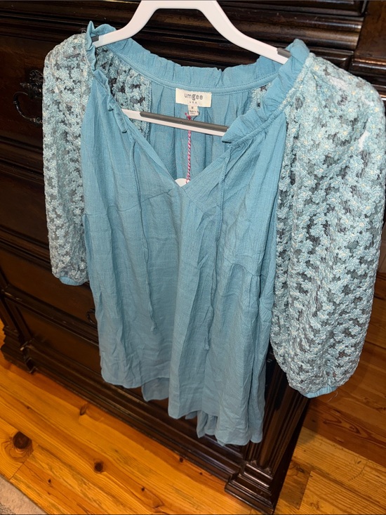 Umgee Tops - Umgee Light Blue Peasant Blouse with Crochet Balloon Sleeves